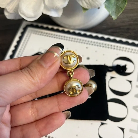 Chanel Vintage Gold CC Logo Faux Pearl Dangle Clip On Earrings